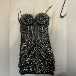 Fashion Nova Black and Silver Embellished Bustier Cocktail Dress